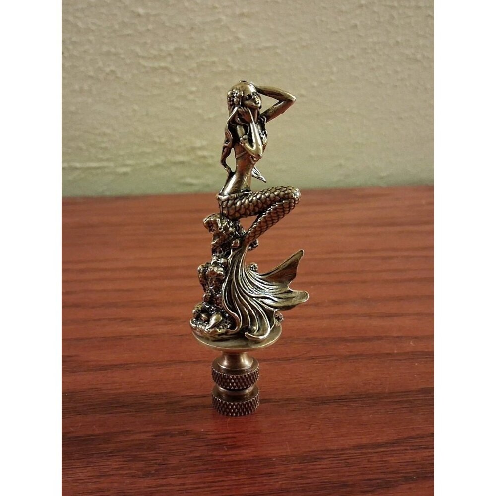 Graceful Mermaid Lamp Finial Shade Topper Brass Retro 3.50" Tall Coastal Beach